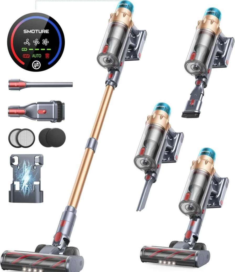 SMOTURE Cordless Stick Vacuum Cleaner 550W 45Kpa 60min Runtime for Pet Hair Carpet Floor with Charging Dock Removable Battery Handheld Lightweight Self-Standing Home Vacuum Cleaner