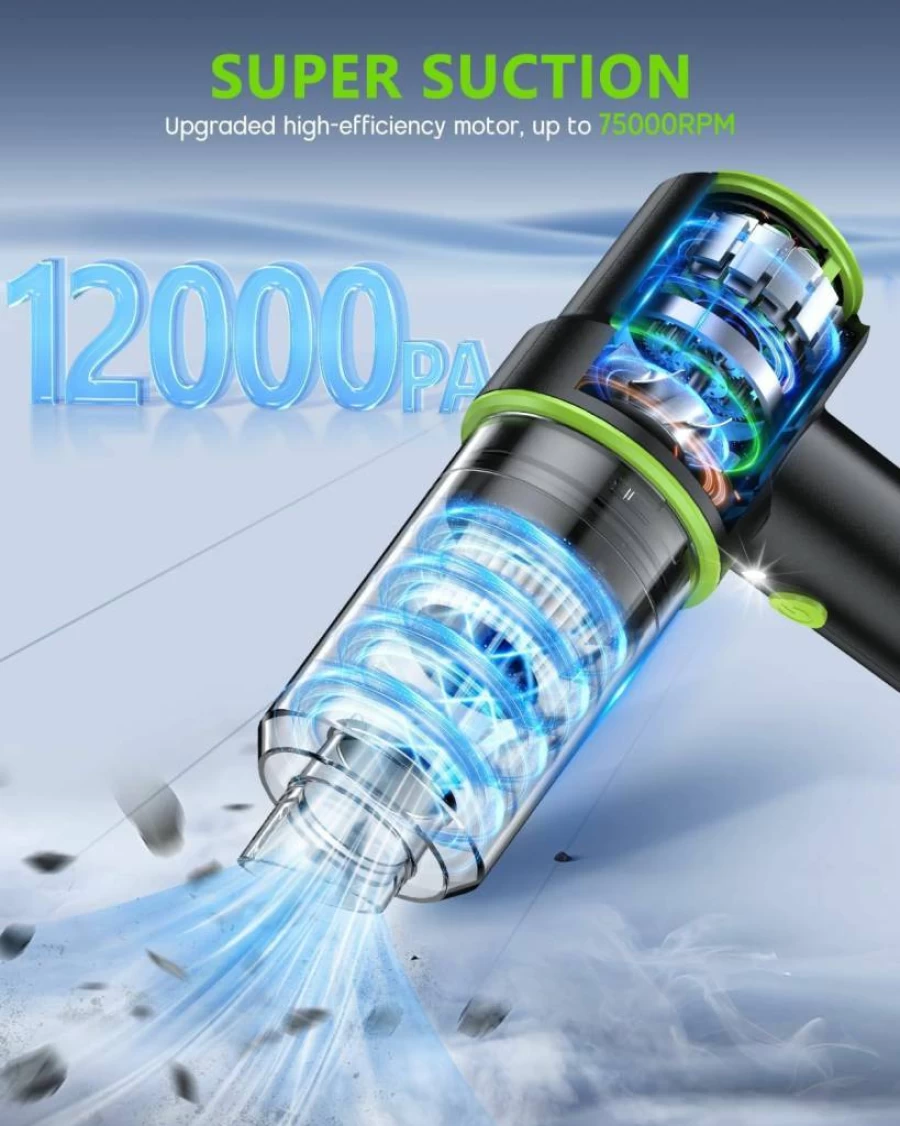 CODN Cordless Handheld Vacuum Cleaner - 12000Pa Powerful Suction, 2-in-1 Air Duster, LED Light, Multi-Nozzles for Car, Pet Hair, Home & Office Cleaning, Rechargeable Portable Car Vacuum