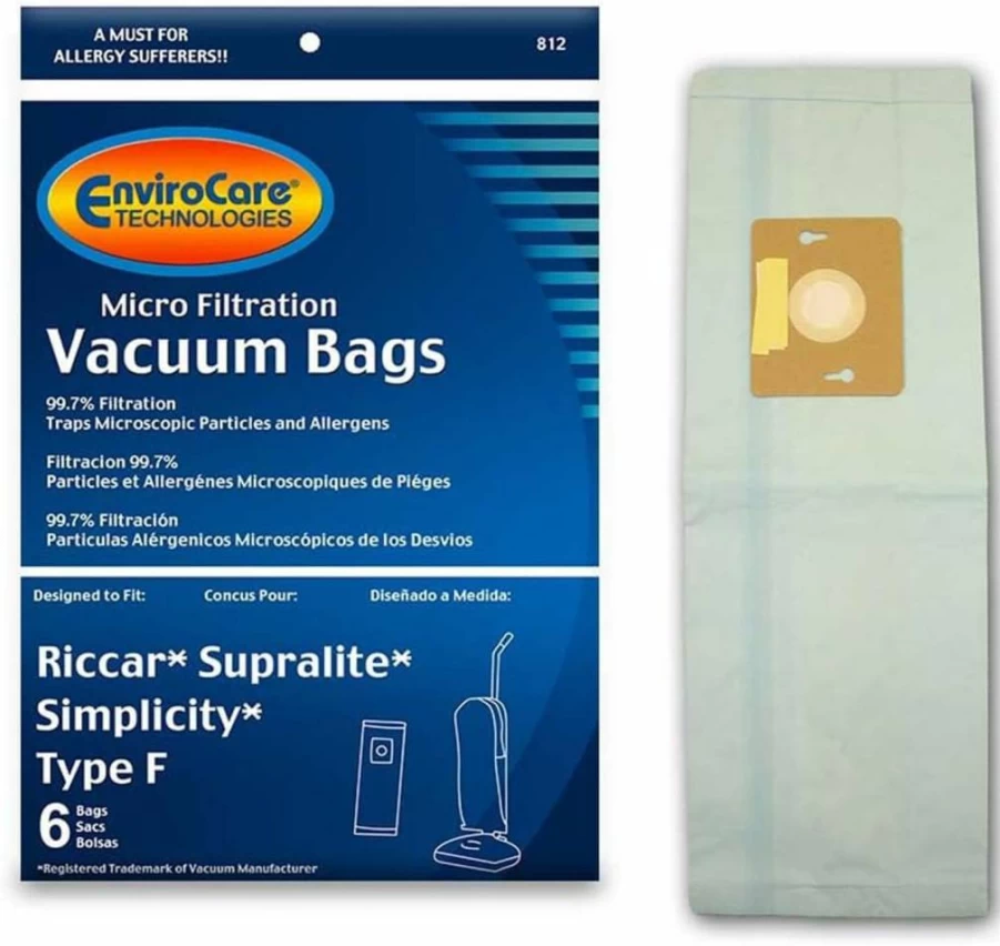 EnviroCare 6-Pack Replacement Vacuum Dust Bags for Riccar Supralite & Simplicity Type F Upright Vacuums | Micro Filtration