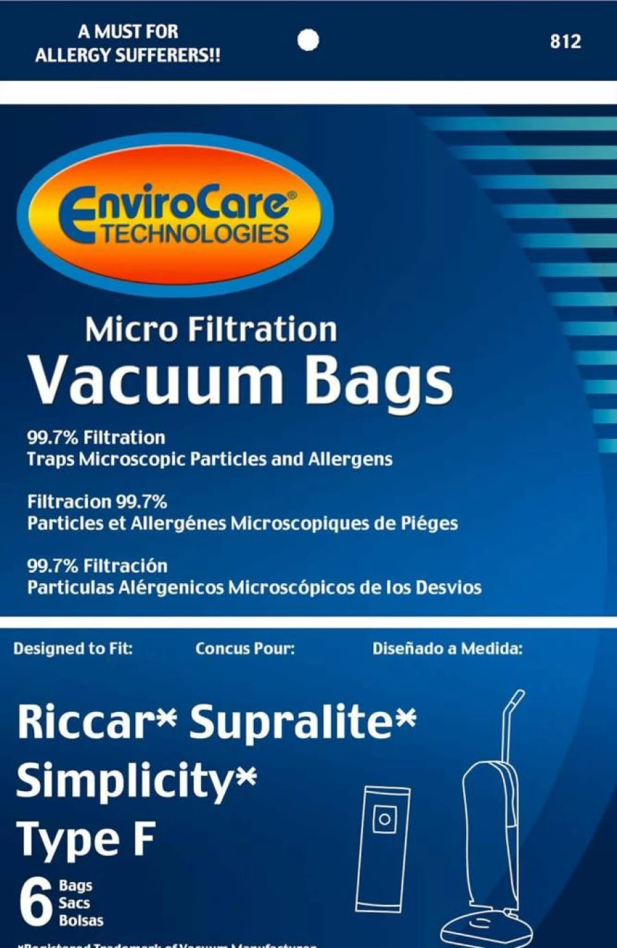 EnviroCare 6-Pack Replacement Vacuum Dust Bags for Riccar Supralite & Simplicity Type F Upright Vacuums | Micro Filtration
