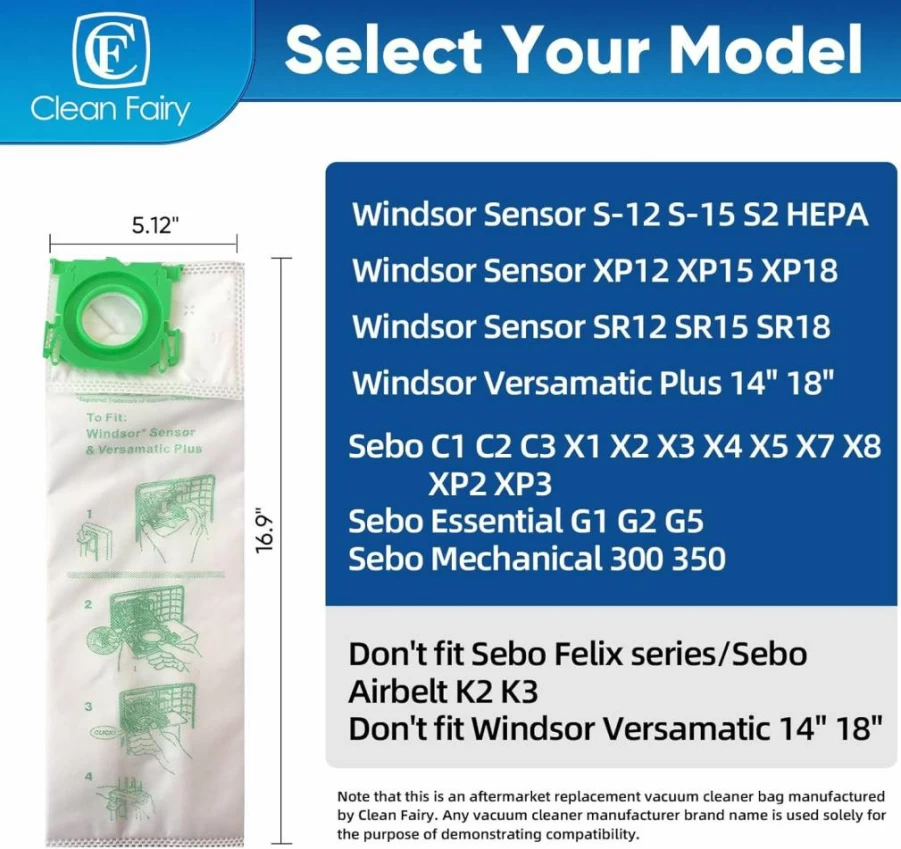 CF Clean Fairy 12Pack Vacuum Filter Bags Compatible With SEBO C G X Series & Windsor Sensor S12 S15 XP12 XP15 XP18 SR12 SR15 SR18 Versamatic Plus - Replacement For 5093AM Micro Synthetic Cloth Bags