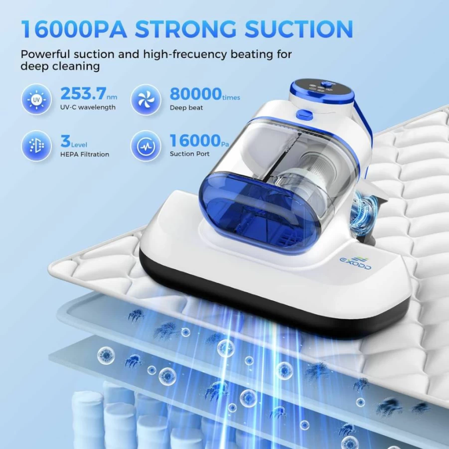 EXODD Cordless Bed Vacuum Cleaner with UV-C Light - 16KPa Strong Suction, HEPA Filter, Wide Nozzle for Dust & Pet Hair, Quiet Mattress Vacuum Cleaner