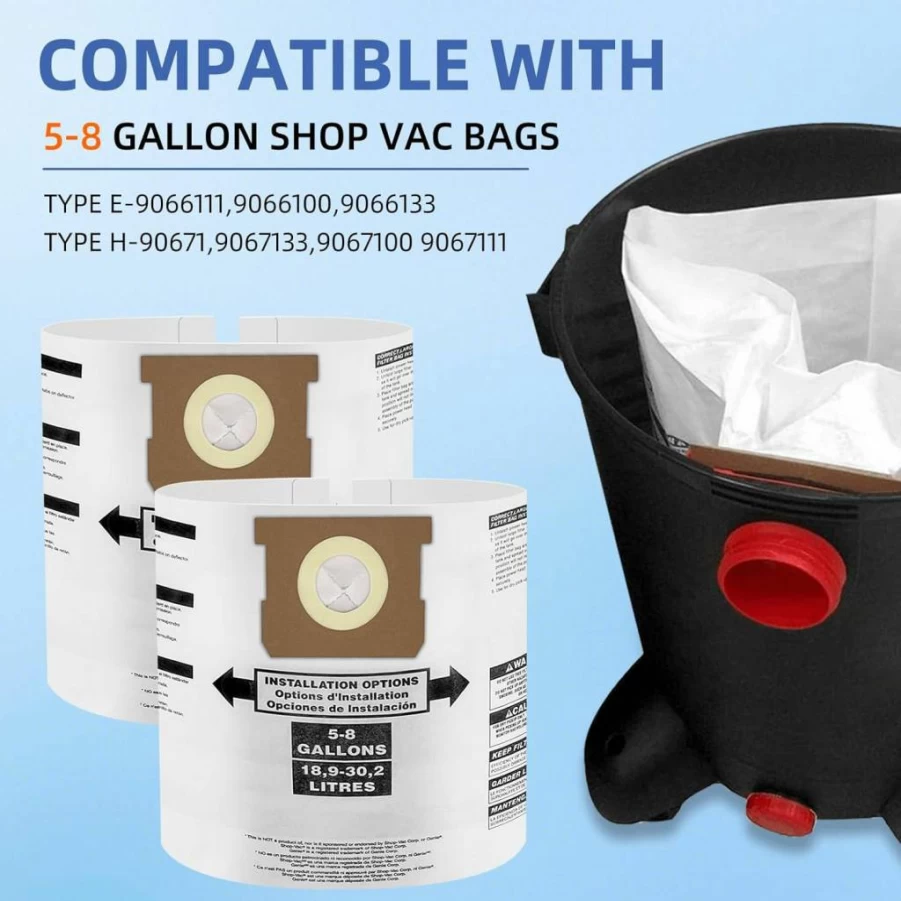 Pulluty 3 Pack Disposable Vacuum Bags Compatible for Shop-Vac 5-8 Gallon, Type E 90661/9066100/9066133 & Type H 90671/9067100/9067133, VF2004 Filter Collection Bags