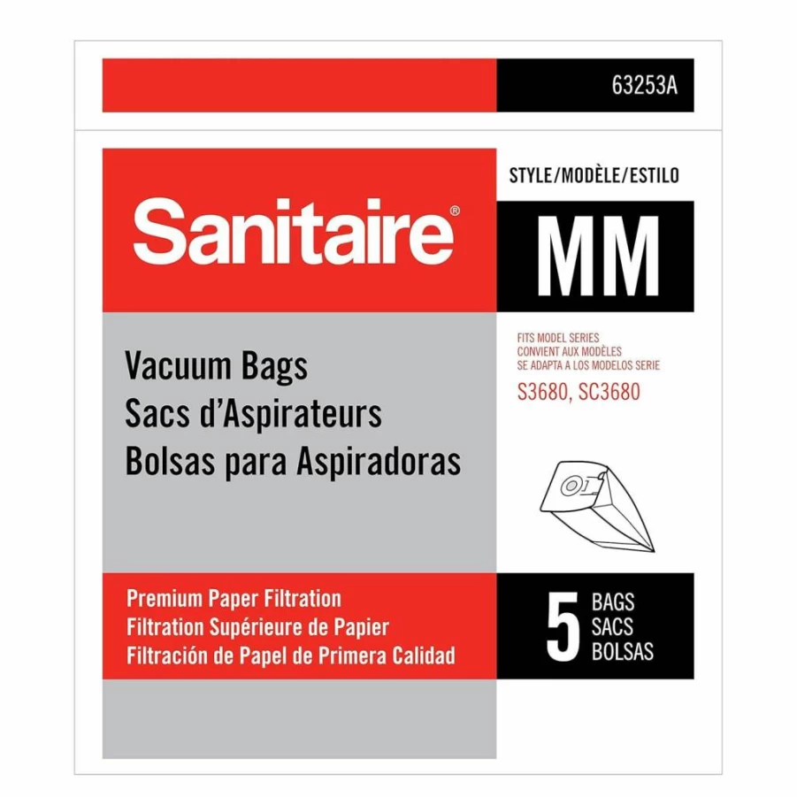 Sanitaire S3680 & SC3680 Vacuum Bags, Premium White Paper Pack of 5, Model 63253A