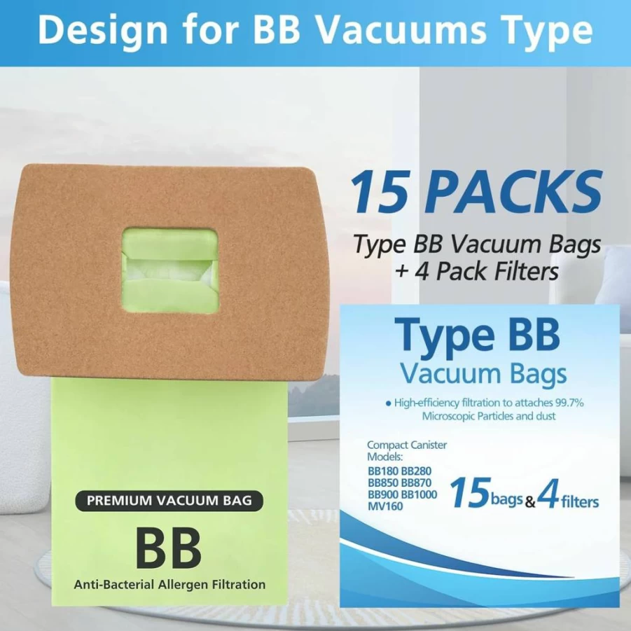 iSingo 15 Pack Type BB Vacuum Bags Replacement for Oreck XL Buster B, Compatible with Models PKBB12DW BB180 BB280 BB850 BB870 BB900 BB1000 MV160 - Includes 4 Motor Filters