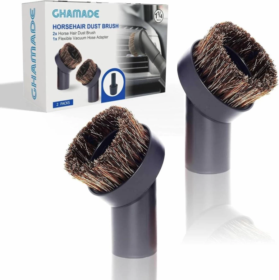 GHAMADE 3 Pack Horsehair Vacuum Brush Attachments - 1-1/4 Inch Round Dust Brush with Soft Bristles, Includes 32mm to 35mm Hose Adapter for Vacuum Cleaner Accessories