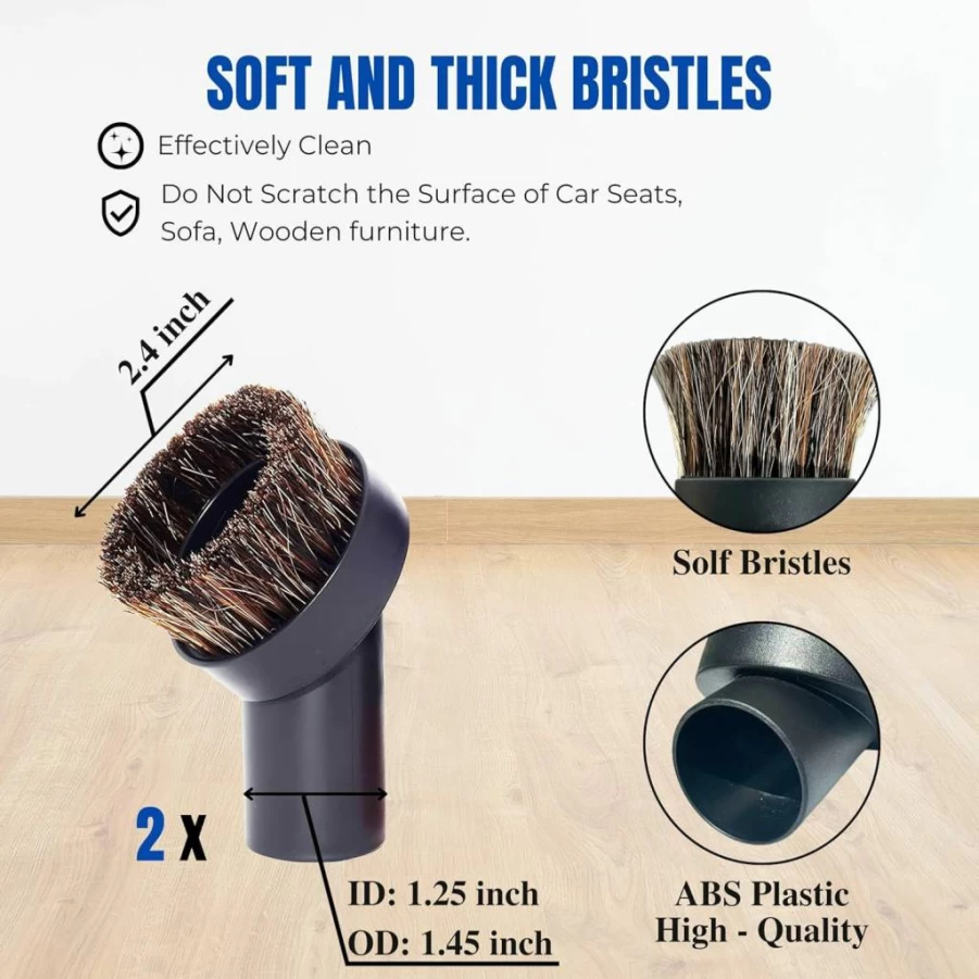 GHAMADE 3 Pack Horsehair Vacuum Brush Attachments - 1-1/4 Inch Round Dust Brush with Soft Bristles, Includes 32mm to 35mm Hose Adapter for Vacuum Cleaner Accessories