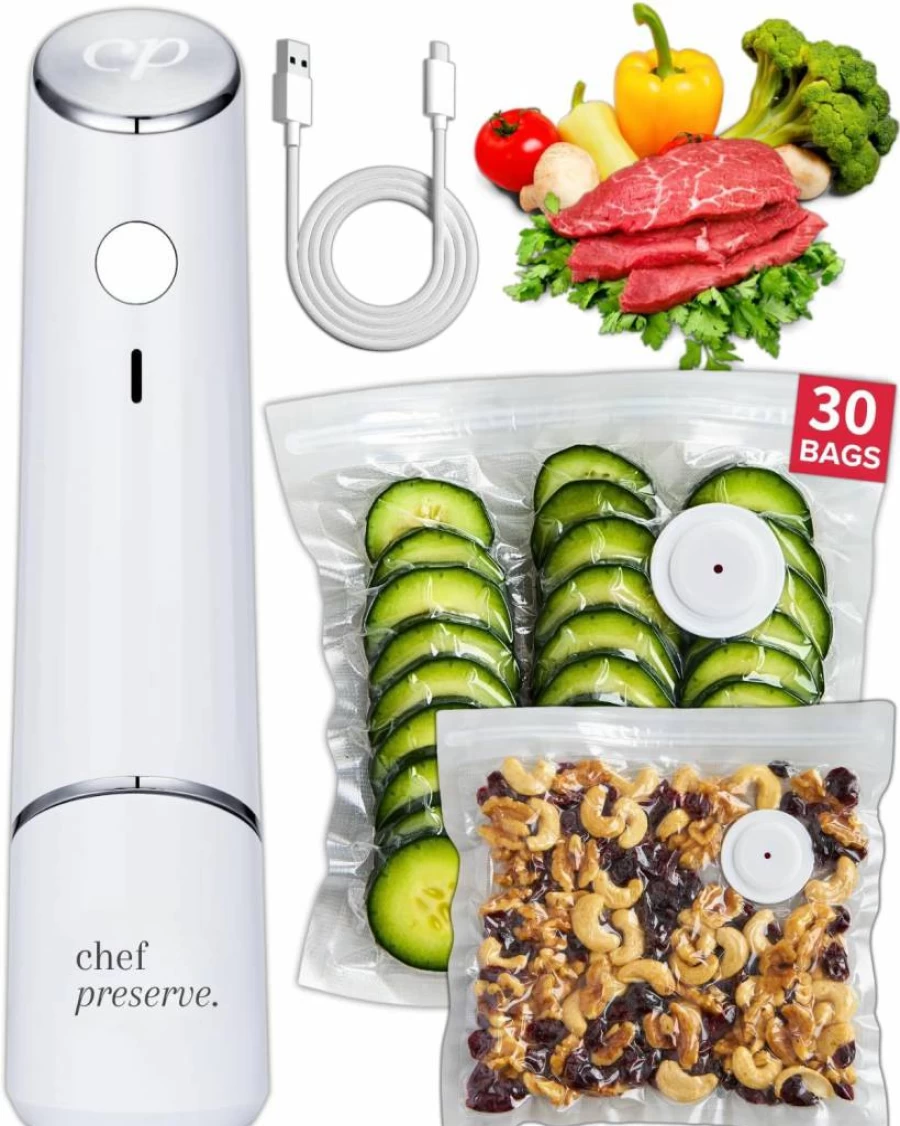 Chef Preserve Handheld Vacuum Sealer Machine with 3 Glass Containers & 30 Reusable Bags - Portable Food Saver for Kitchen, Compact Meal Preservation System