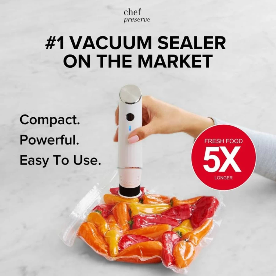 Chef Preserve Handheld Vacuum Sealer Machine with 3 Glass Containers & 30 Reusable Bags - Portable Food Saver for Kitchen, Compact Meal Preservation System