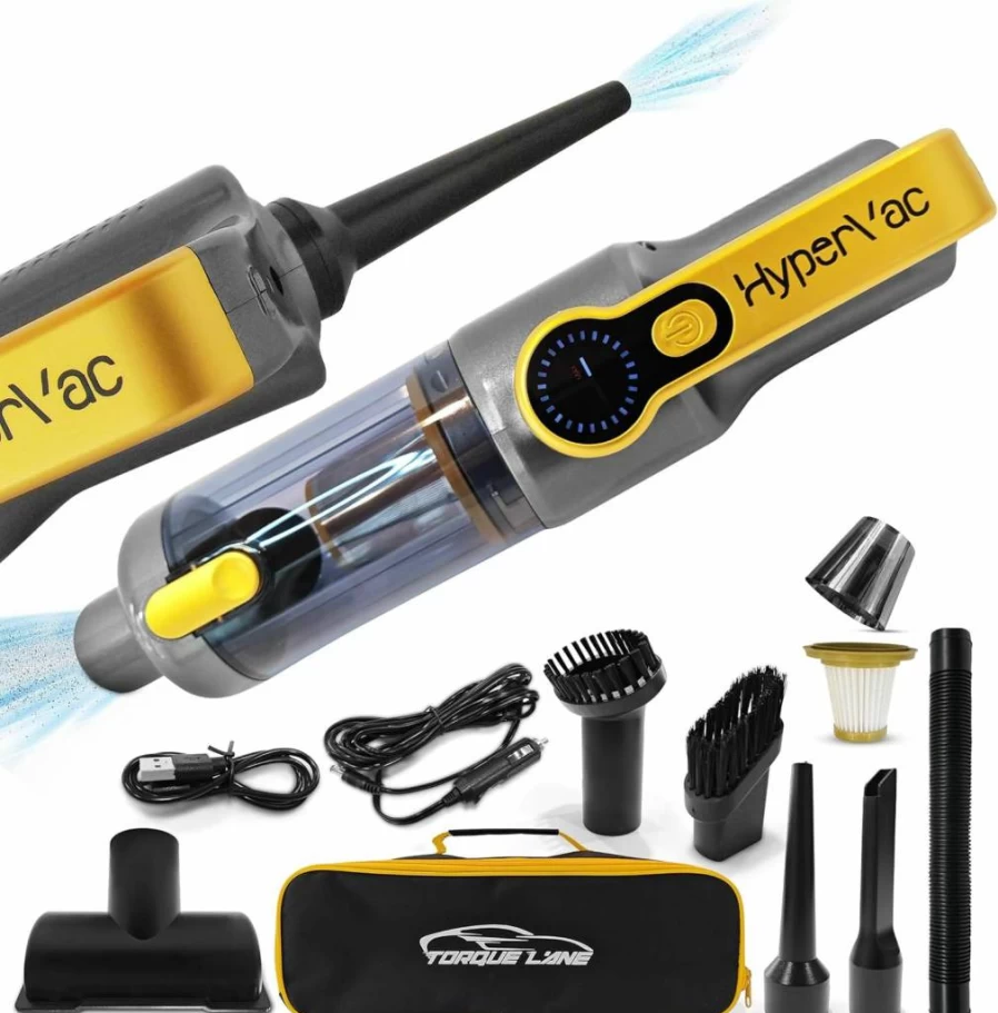 Torque Lane Hypervac 2-in-1 Cordless & Corded Car Vacuum Cleaner with Blower | 18500Pa Powerful Suction, USB-C Fast Charging, XL Battery, Flexible Hose, Pet Hair Brush | Handheld for Home, Car, Auto Detailing, Pets (2025 Model)