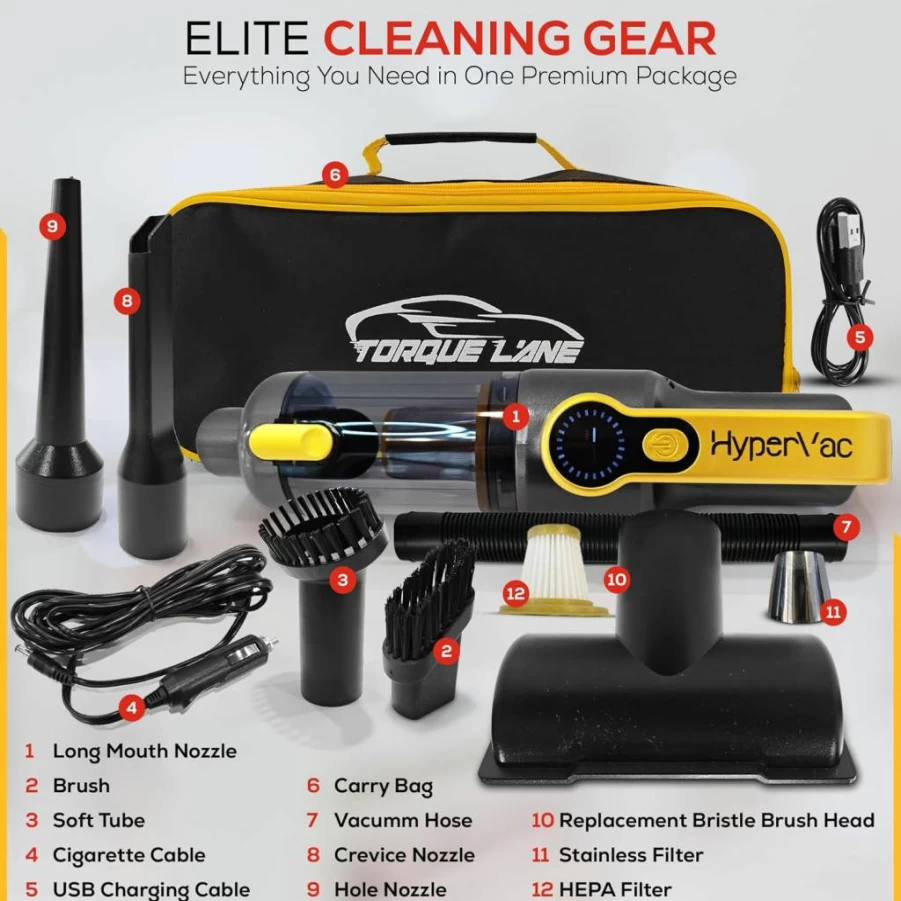Torque Lane Hypervac 2-in-1 Cordless & Corded Car Vacuum Cleaner with Blower | 18500Pa Powerful Suction, USB-C Fast Charging, XL Battery, Flexible Hose, Pet Hair Brush | Handheld for Home, Car, Auto Detailing, Pets (2025 Model)