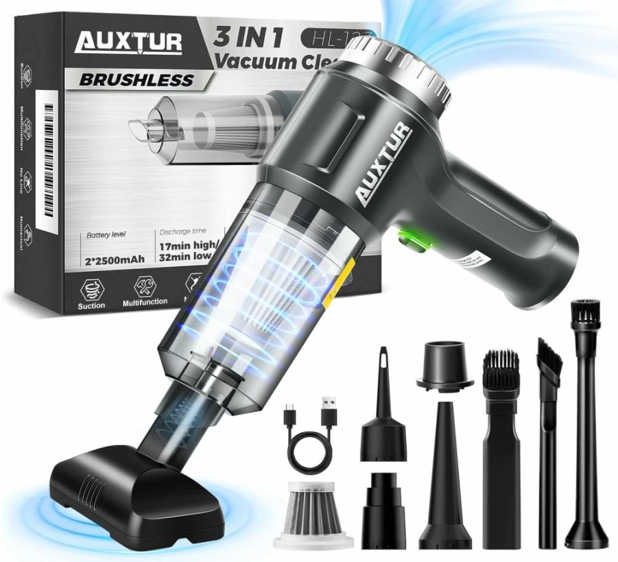 AUXTUR Cordless Handheld Vacuum Cleaner - 12000Pa Powerful Suction, 3-in-1 Portable Rechargeable Car Vacuum with Brushless Motor, Small Lightweight Design for Auto & Home Use