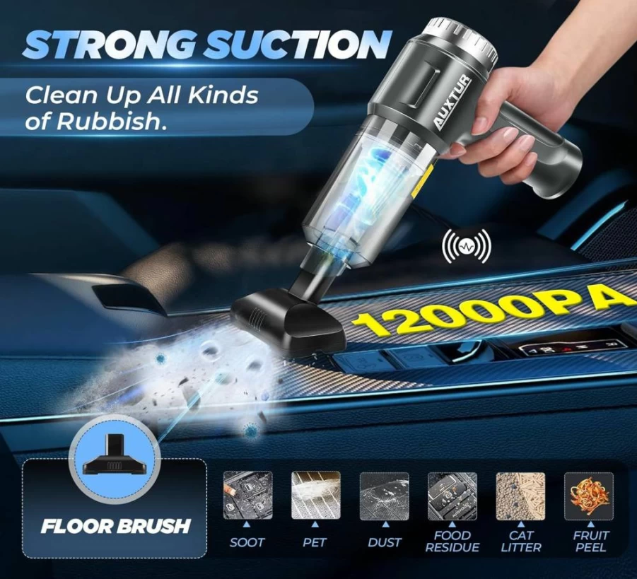 AUXTUR Cordless Handheld Vacuum Cleaner - 12000Pa Powerful Suction, 3-in-1 Portable Rechargeable Car Vacuum with Brushless Motor, Small Lightweight Design for Auto & Home Use