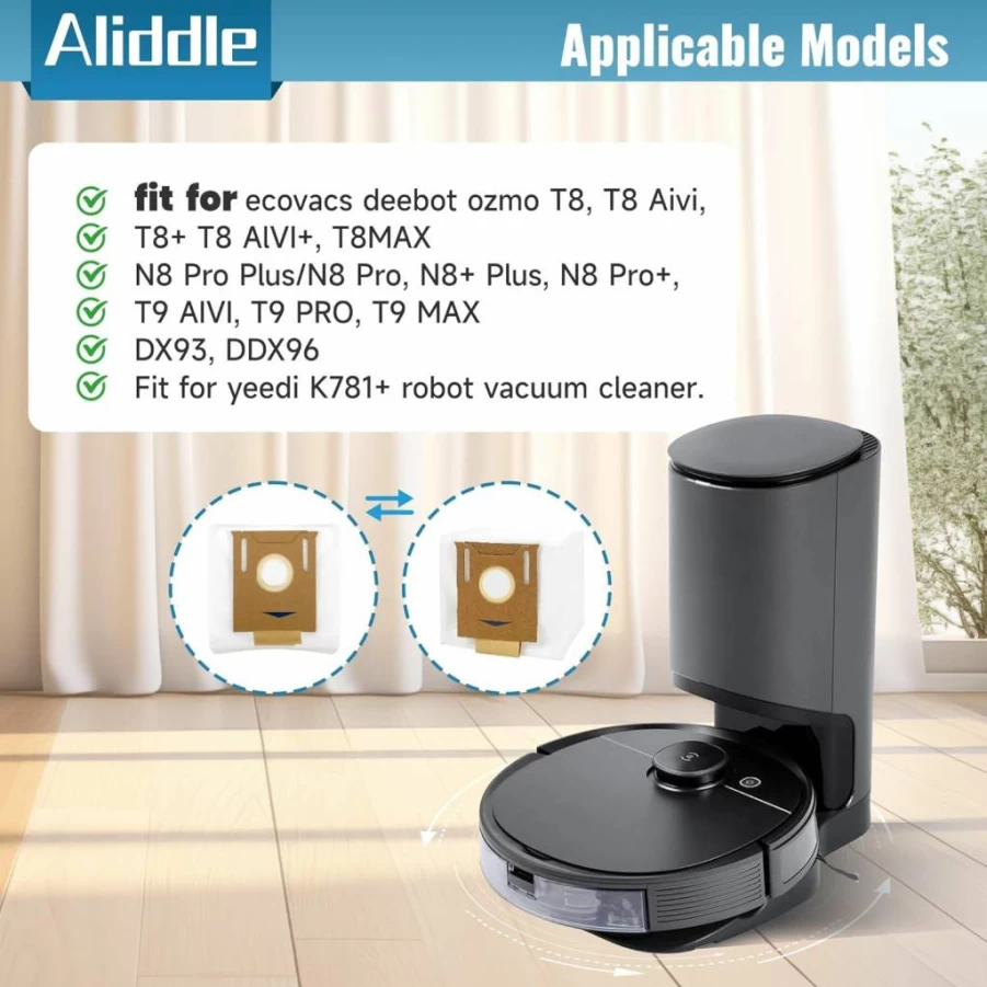 10 Pack Aliddle T8 Vacuum Dust Bags Compatible with Ecovacs Deebot T8/T8+/T8 AIVI/N8 Pro/N8 Pro+/DX93/DDX96 & Yeedi K781+, 2.5L Self-Emptying Station Replacement Bags for Robot Vacuum Cleaner