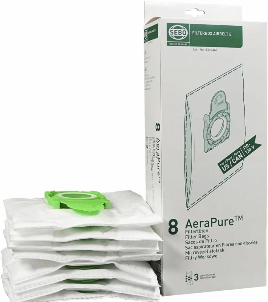 SEBO 8300AM Premium 3-Layer Filter Bag Box with Caps – 8 Replacement Bags for SEBO Vacuum Cleaners