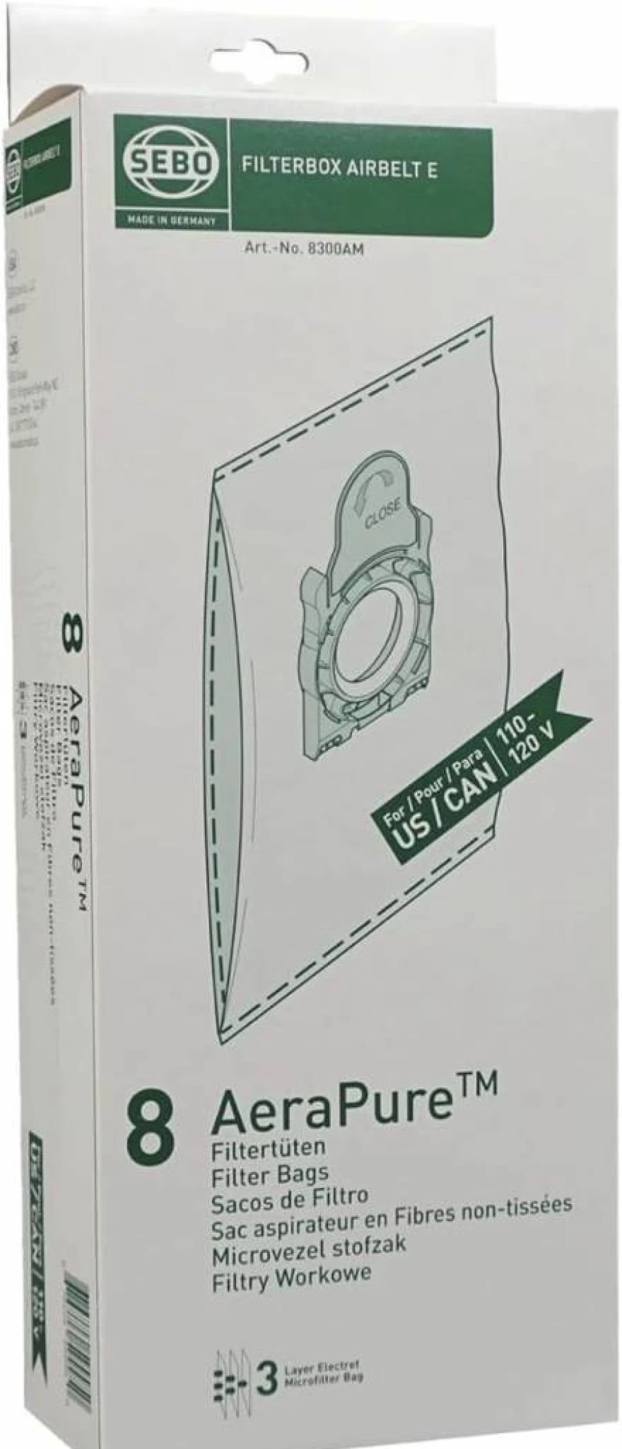 SEBO 8300AM Premium 3-Layer Filter Bag Box with Caps – 8 Replacement Bags for SEBO Vacuum Cleaners