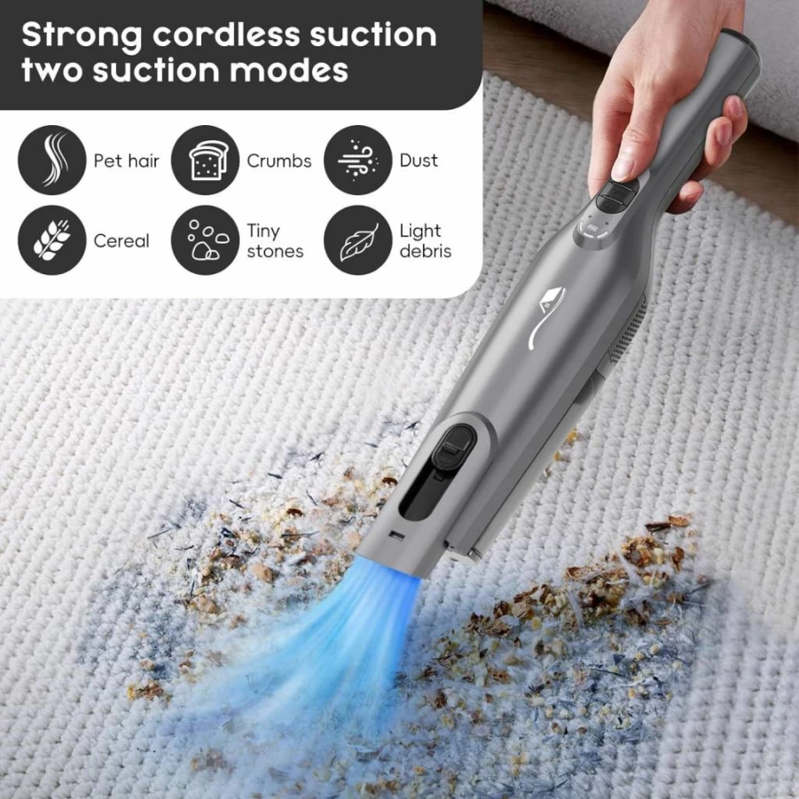 AYONTIN Cordless Handheld Vacuum Cleaner - Lightweight, Rechargeable with LED Light & Charging Dock, Powerful Suction for Home, Car, Office (Gray)