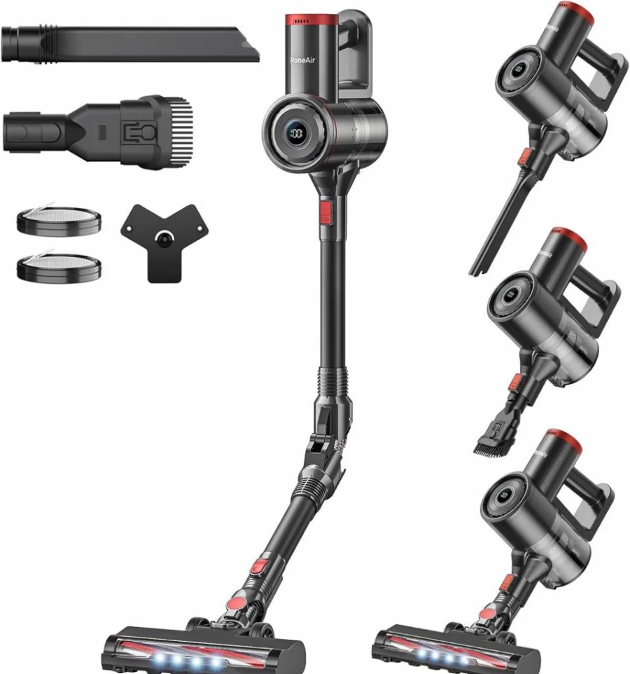 RONEAIR Cordless Vacuum Cleaner - 6-in-1 Lightweight Stick Vacuum for Pet Hair, Hard Floors & Carpets, Bendable Wand, Self-Standing, Wall Mount Storage