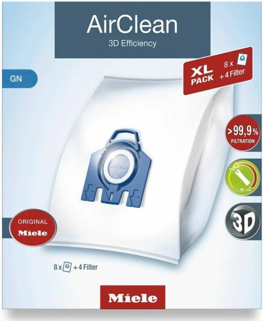 Miele Original Airclean 3D Efficiency GN Vacuum Cleaner Bags - XL Pack of 8 (Model 10455150) for Complete C2/C3, Classic C1, S8/S5/S2 - Filters 99.9% Dust