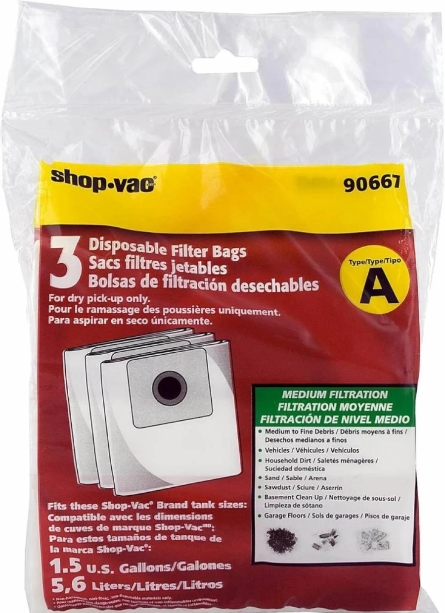 Shop-Vac 9066733 Disposable Filter Bags 3-Pack for 1-1.5 Gallon Wet/Dry Vacuums, White, Dry Pickup Only