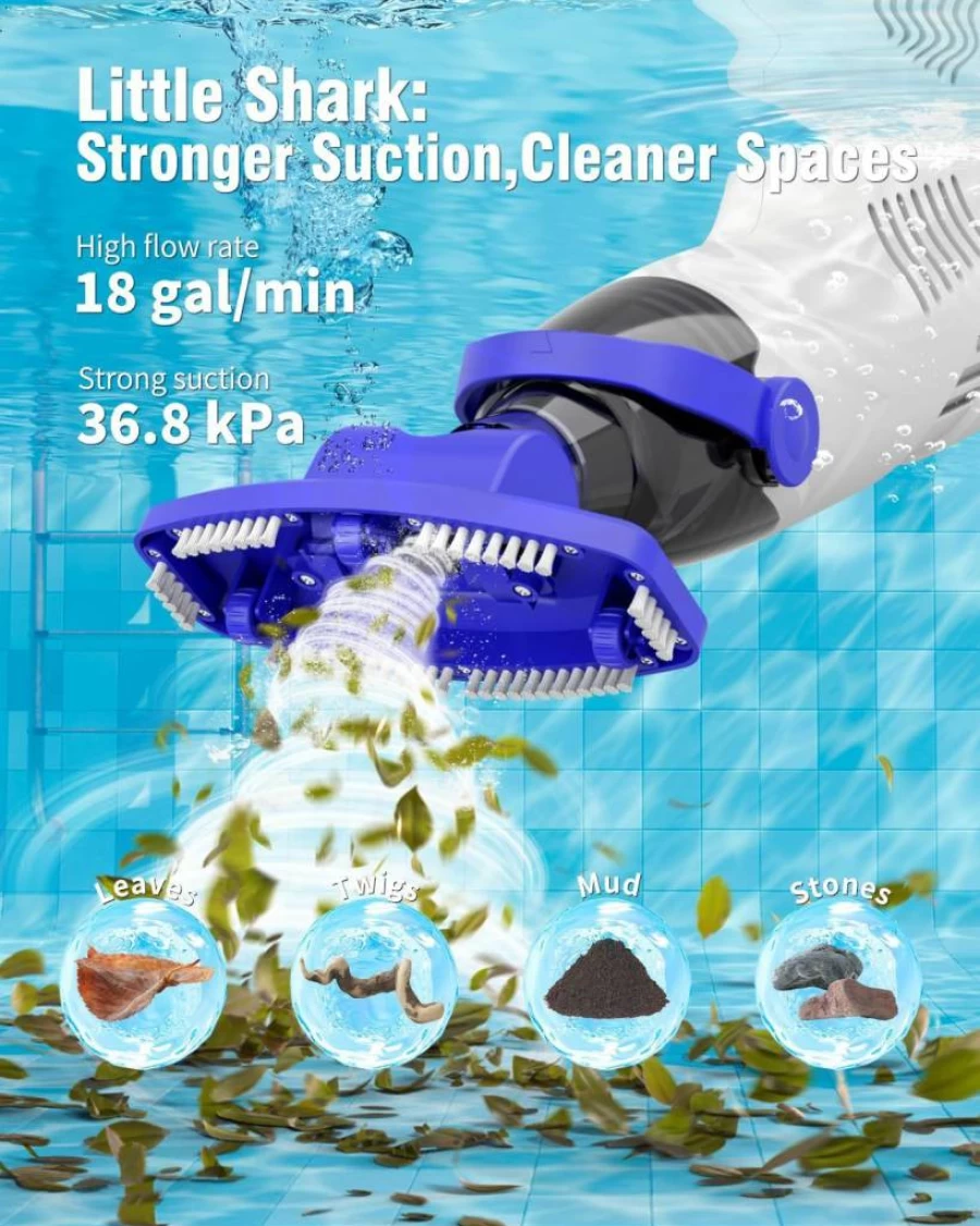 WuWo 60W Cordless Pool Vacuum for Above Ground Pools & Spas - 18GPM Powerful Suction, 5000mAh Battery (1H Runtime), Compact Lightweight Little Shark Design