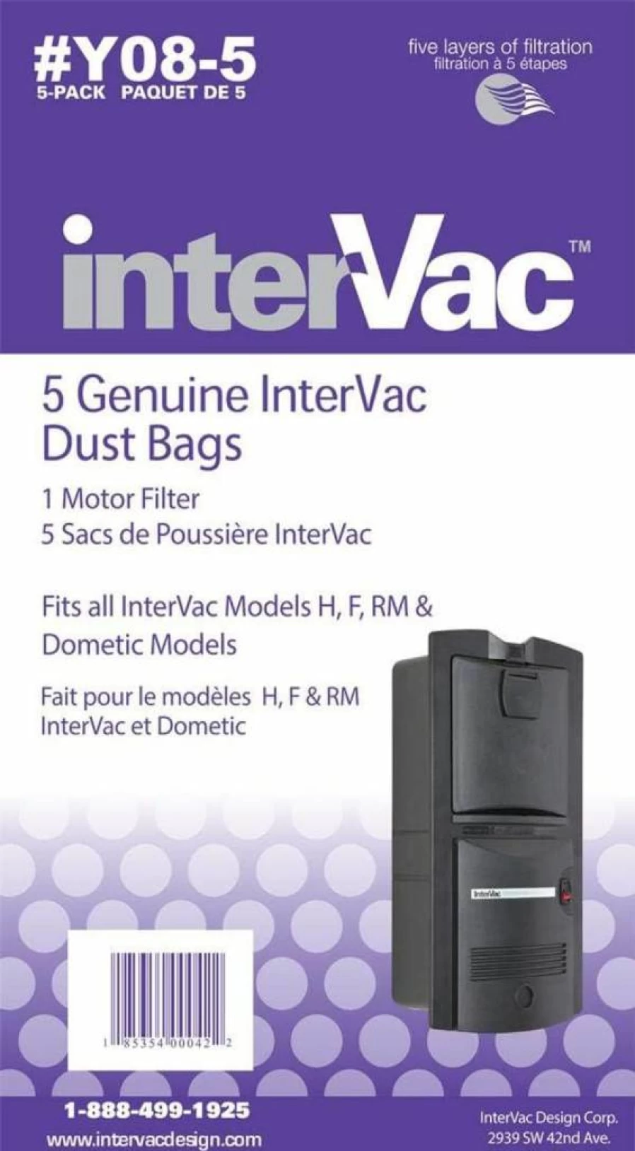 InterVac Design Corp 5-Pack Y08-5 Vacuum Dust Bags & Exhaust Filters for Optimal Performance
