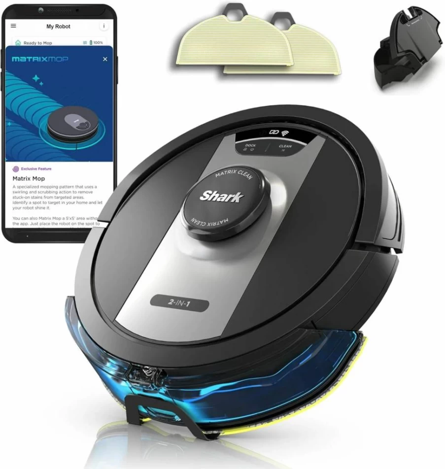 Shark RV2400WD IQ 2-in-1 Robot Vacuum and Mop with Matrix Clean, Sonic Mopping for Pet Hair, Carpets & Hard Floors, Alexa Compatible, Black/Silver (Renewed)