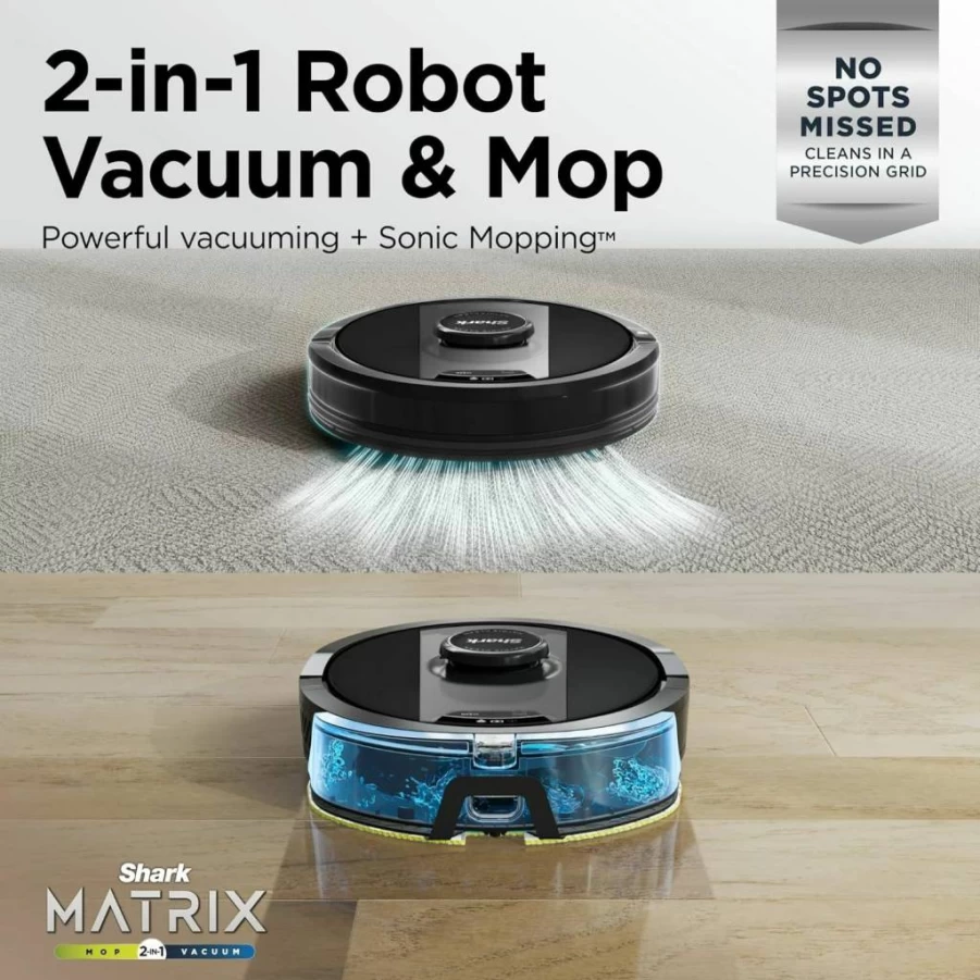 Shark RV2400WD IQ 2-in-1 Robot Vacuum and Mop with Matrix Clean, Sonic Mopping for Pet Hair, Carpets & Hard Floors, Alexa Compatible, Black/Silver (Renewed)