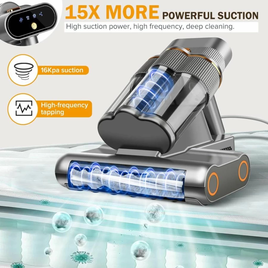DAVANPAL Corded Handheld Mattress Vacuum Cleaner with UV-C Light, 16Kpa Suction, 30000 RPM Dual Brushes, 140°F Hot Air & Ultrasonic Technology for Dust Mites, Pet Hair, Allergens Removal