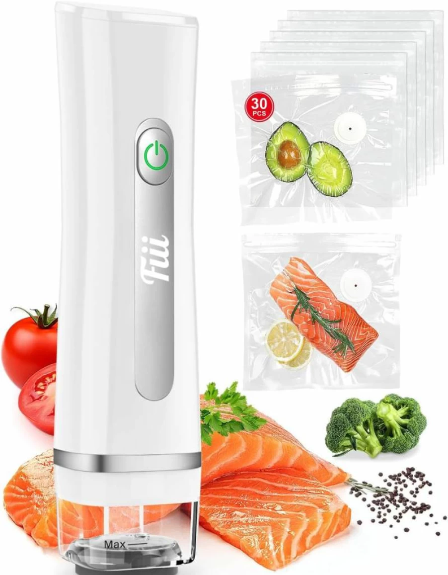 FIII Handheld Vacuum Sealer Machine with 30 Reusable Food Storage Bags, One-Touch Kitchen Preservation with Visible Water Tank, White & Gray Vacuum Sealer for Freshness