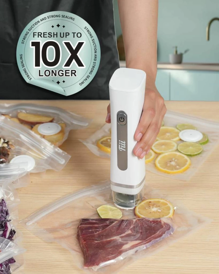 FIII Handheld Vacuum Sealer Machine with 30 Reusable Food Storage Bags, One-Touch Kitchen Preservation with Visible Water Tank, White & Gray Vacuum Sealer for Freshness