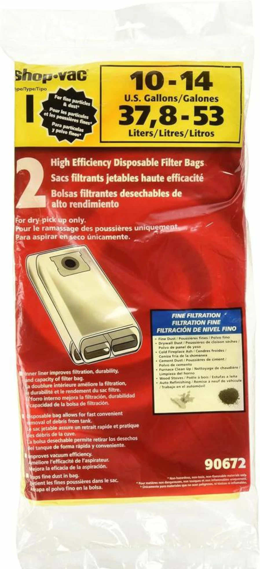 Shop-Vac 9067233 Heavy-Duty Disposable Vacuum Filter Bags, 2-Pack for 10-14 Gallon Tanks, Durable Paper Collection Bags