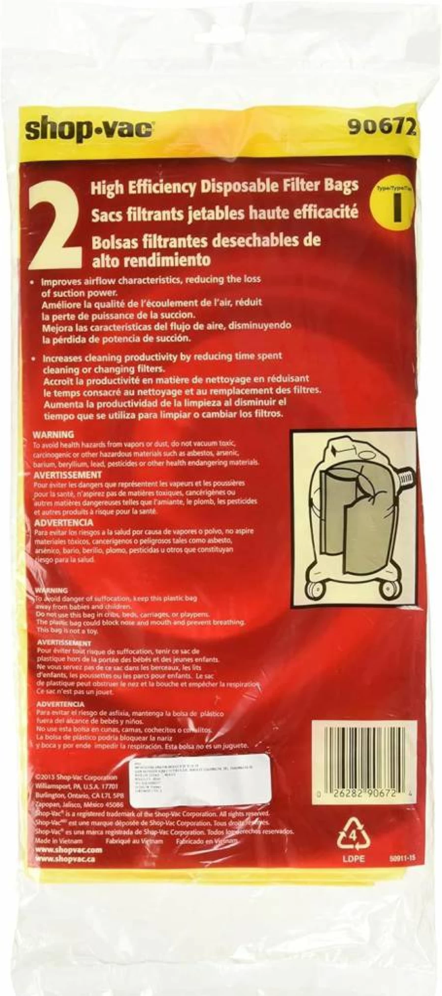 Shop-Vac 9067233 Heavy-Duty Disposable Vacuum Filter Bags, 2-Pack for 10-14 Gallon Tanks, Durable Paper Collection Bags
