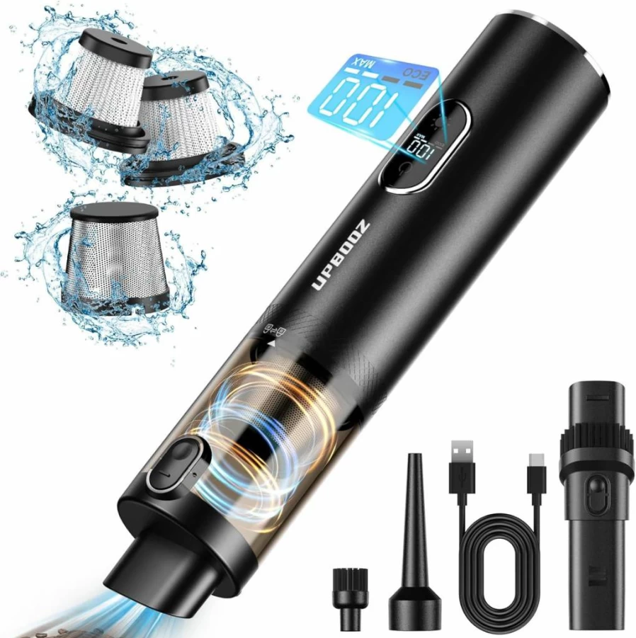 Upbooz Cordless Handheld Vacuum Cleaner - 14000Pa Powerful Suction, LED Light, 2-in-1 Air Duster, Rechargeable for Car, Home, Pet, Office, Low Noise Portable Vacuum