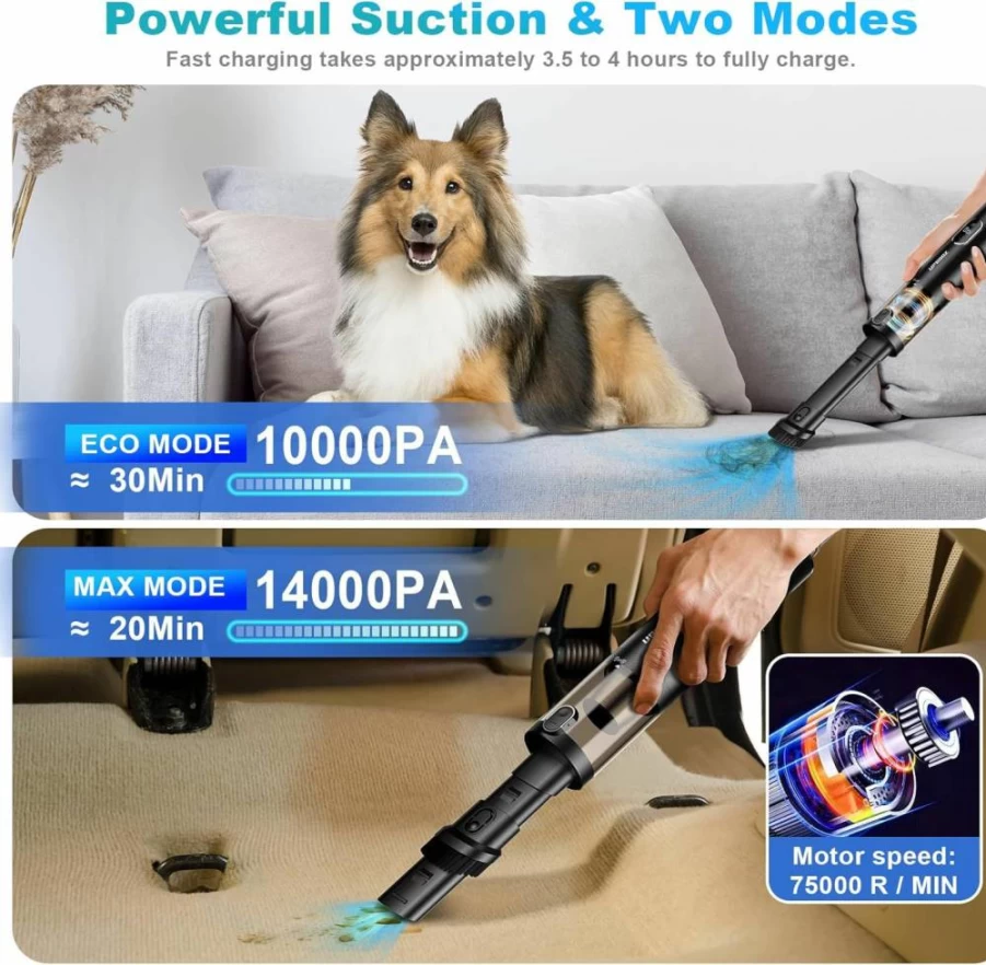 Upbooz Cordless Handheld Vacuum Cleaner - 14000Pa Powerful Suction, LED Light, 2-in-1 Air Duster, Rechargeable for Car, Home, Pet, Office, Low Noise Portable Vacuum