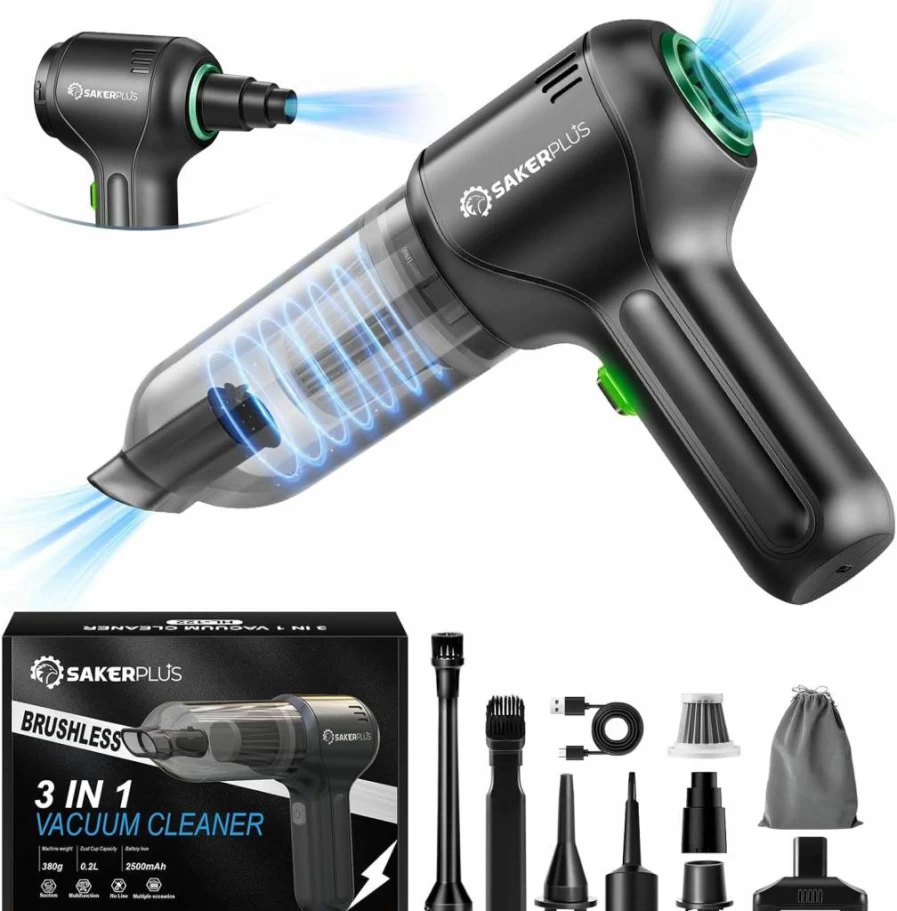 SakerPlus Cordless Car Vacuum Cleaner - 12000Pa Powerful Suction, Brushless Motor, 3-in-1 Portable Handheld Vacuum for Car, Home, Office, Kitchen