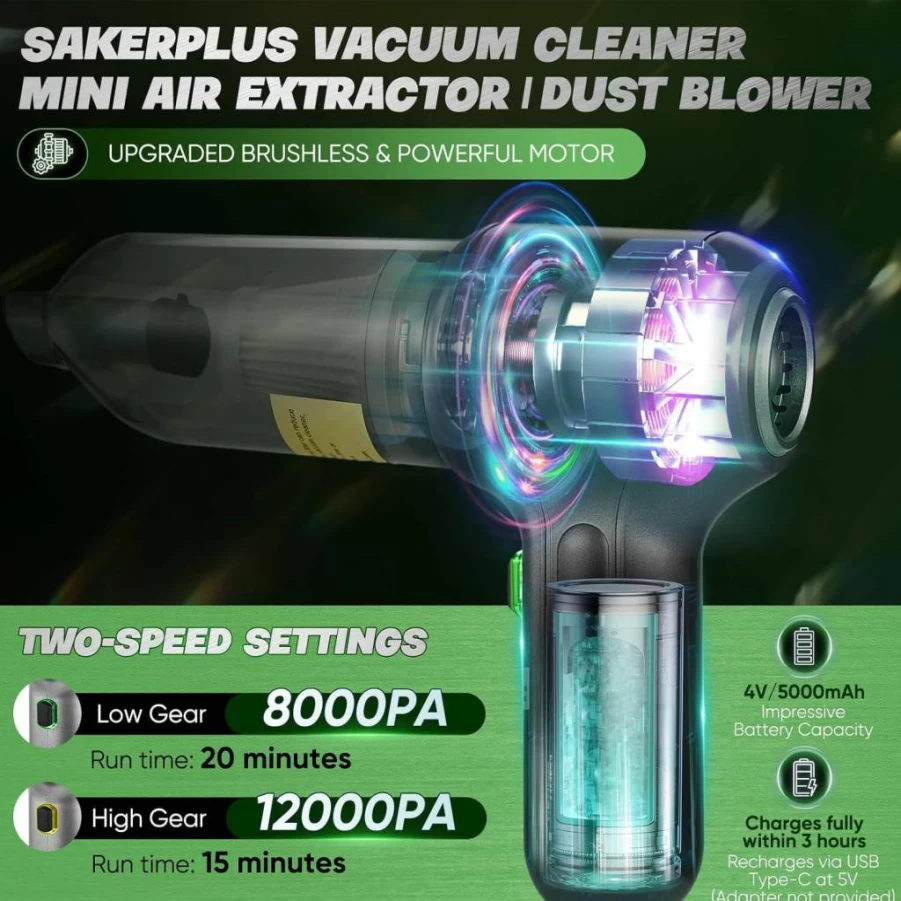 SakerPlus Cordless Car Vacuum Cleaner - 12000Pa Powerful Suction, Brushless Motor, 3-in-1 Portable Handheld Vacuum for Car, Home, Office, Kitchen