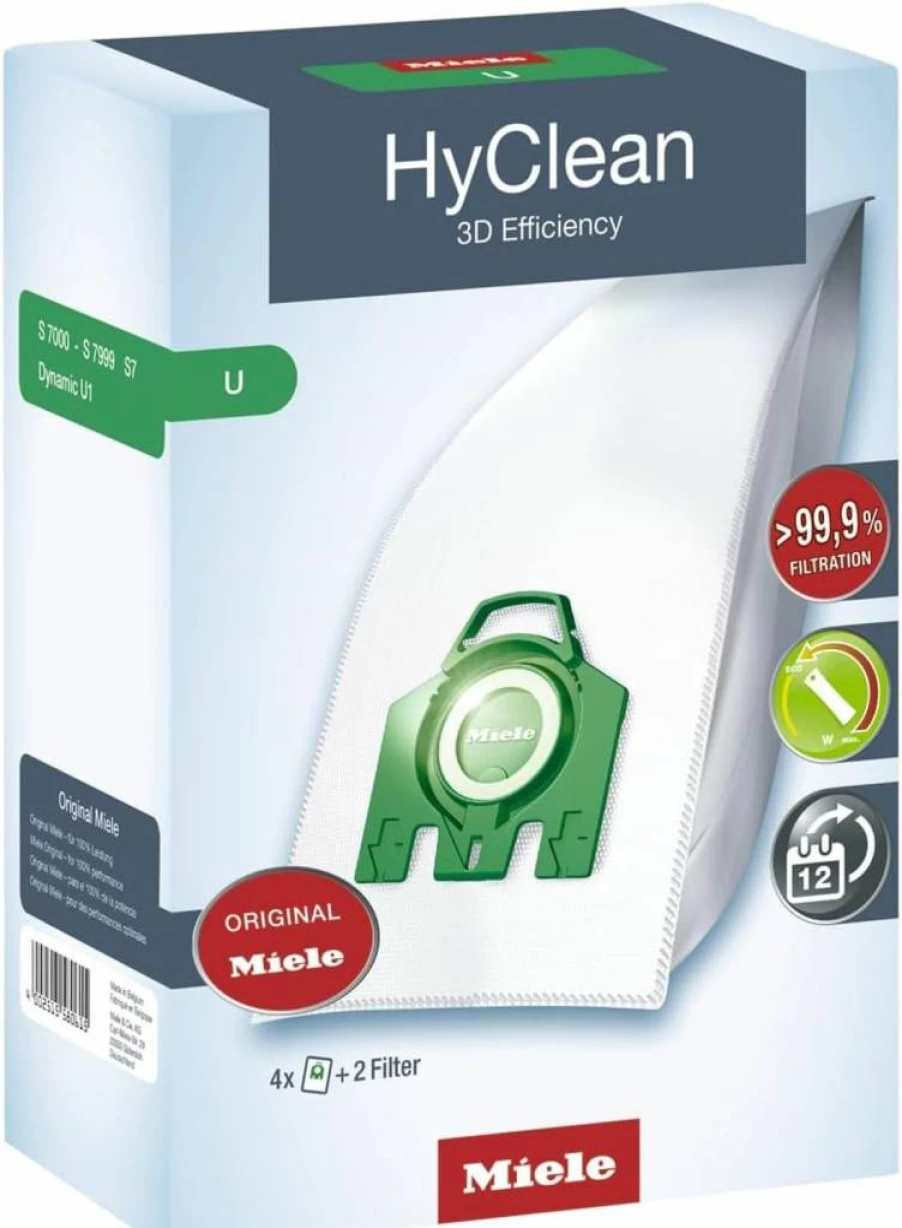 Miele Airclecan 3D Efficiency Vacuum Bags - Type U, 4-Pack with 2 HEPA Filters for Optimal Dust Collection