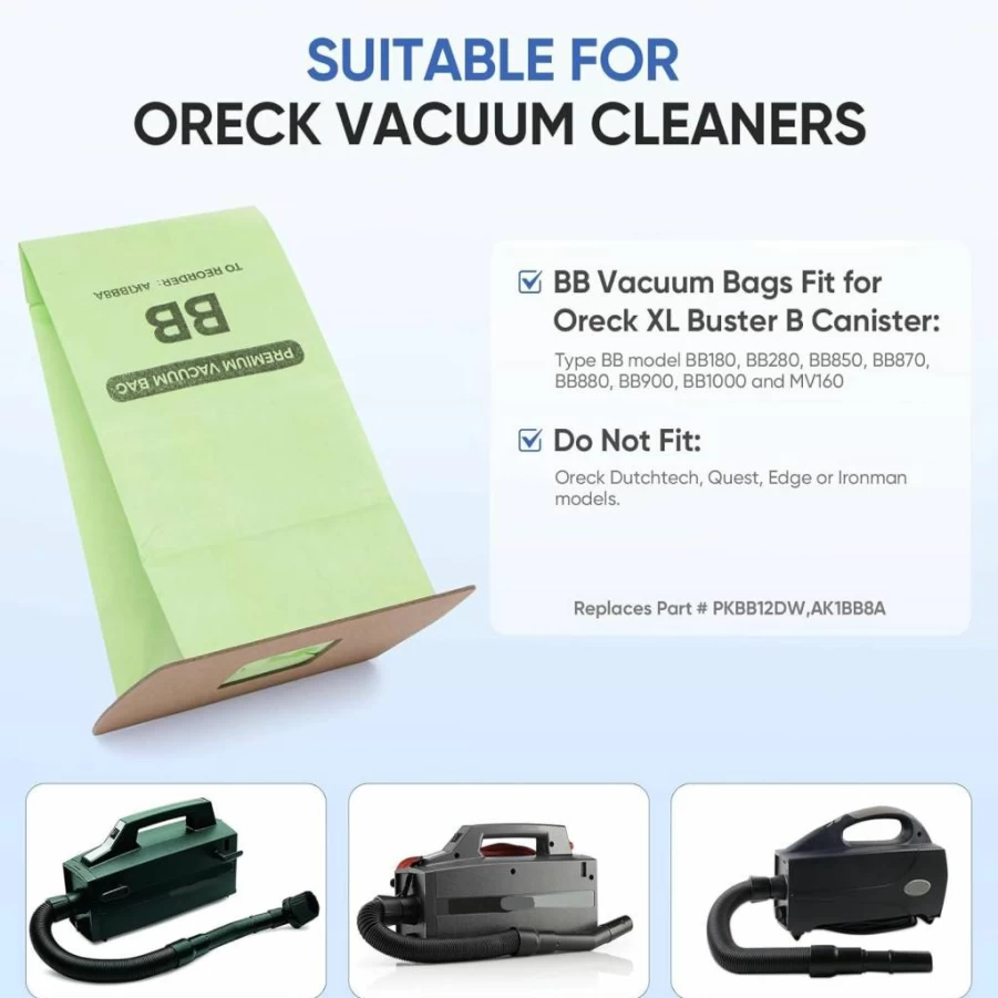 20 Pack BIHARNT Type BB Vacuum Bags - Compatible with Oreck XL Buster B, BB180, BB280, BB850, BB870, BB880, BB900, BB1000 & MV160CC1600 - Includes 6 Motor Filters