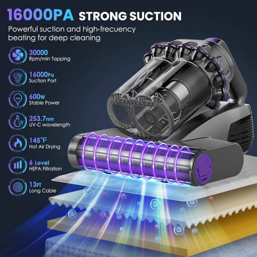 VOCESOR Handheld Mattress Vacuum Cleaner with UV-C Light & 600W High Heat, 16Kpa Powerful Suction for Dust, Allergens & Pet Hair Removal