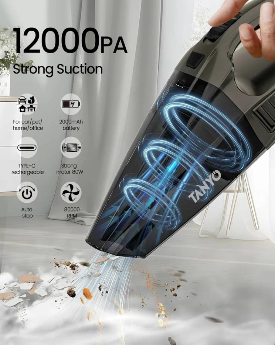 TANYO Cordless Handheld Vacuum Cleaner 12000Pa, Portable Car Vacuum with HEPA Filter, Rechargeable Lightweight Vacuum for Home, Pet Hair, Car Detailing - Ideal Gift for Men & Women