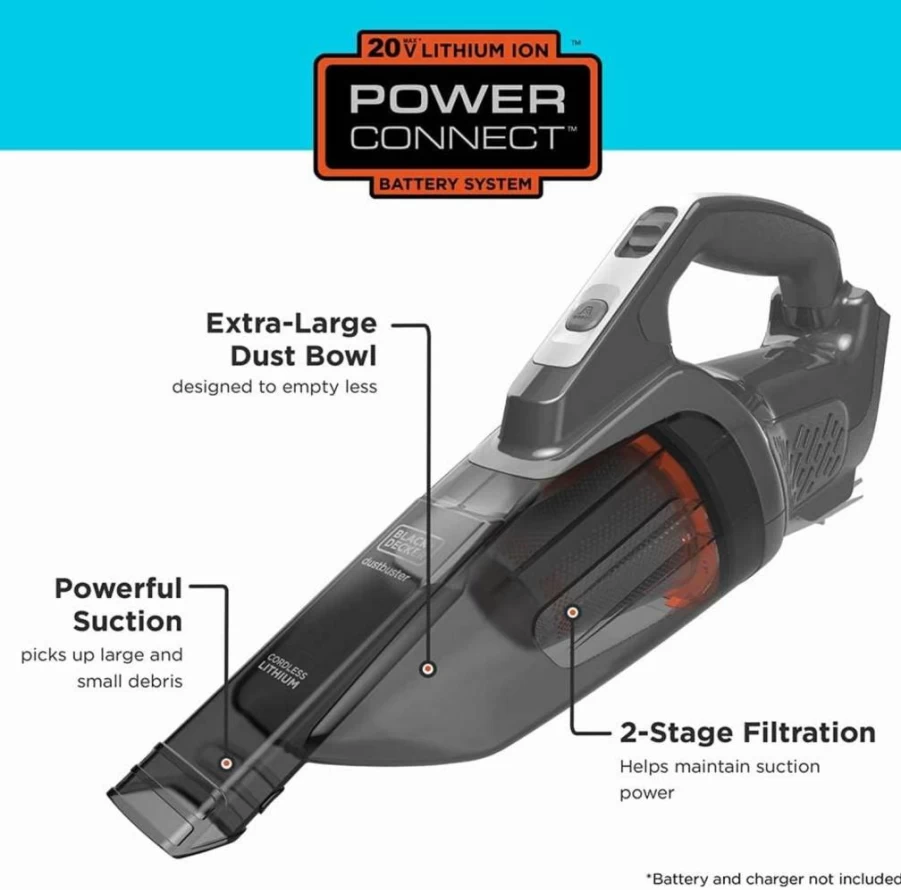 BLACK+DECKER BCHV001B 20V Max Cordless Handheld Vacuum Cleaner, Powerconnect Bare Tool, Lightweight Portable Vacuum for Quick Cleanups, Battery Sold Separately