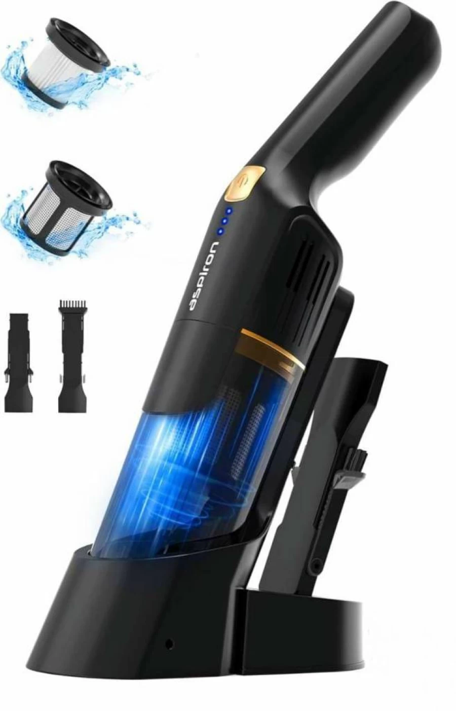 Aspiron Cordless Handheld Vacuum Cleaner - 15Kpa Powerful Suction, Rechargeable with Charging Dock, Lightweight 1.8Lb, 2-Speed for Car & Home, Ergonomic Handle & 2-in-1 Crevice Tool, Black Silver