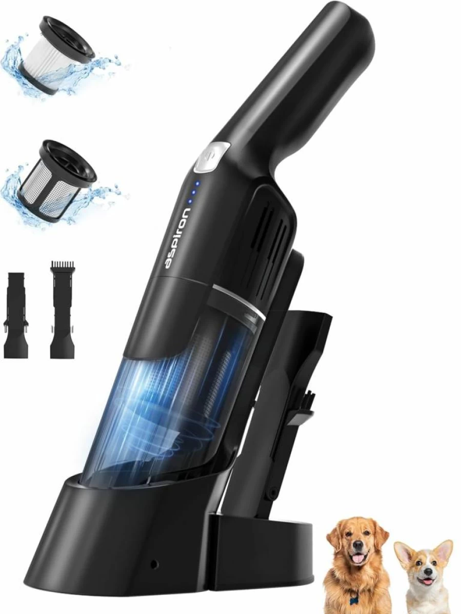 Aspiron Cordless Handheld Vacuum Cleaner - 15Kpa Powerful Suction, Rechargeable with Charging Dock, Lightweight 1.8Lb, 2-Speed for Car & Home, Ergonomic Handle & 2-in-1 Crevice Tool, Black Silver