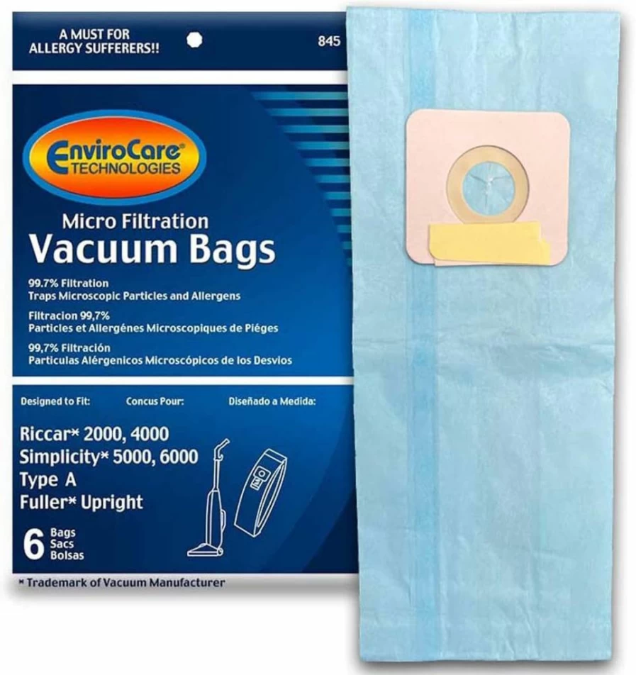 EnviroCare Replacement Vacuum Bags - Compatible with Riccar 2000, 4000, Vibrance Series & Simplicity 5000, 6000, Symmetry Type A - 6 Pack Micro Filtration Dust Bags