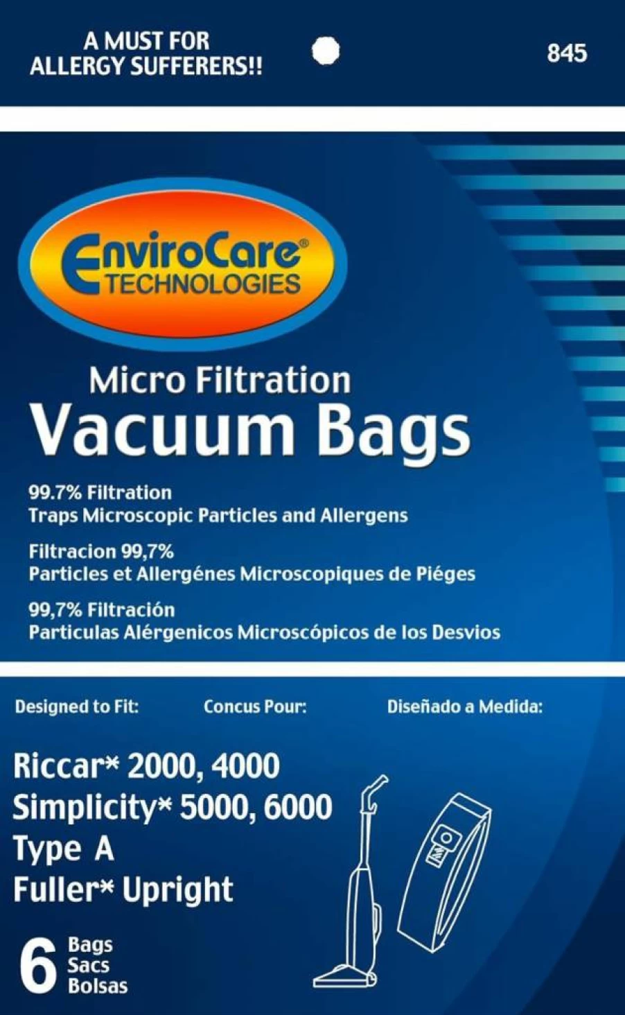 EnviroCare Replacement Vacuum Bags - Compatible with Riccar 2000, 4000, Vibrance Series & Simplicity 5000, 6000, Symmetry Type A - 6 Pack Micro Filtration Dust Bags