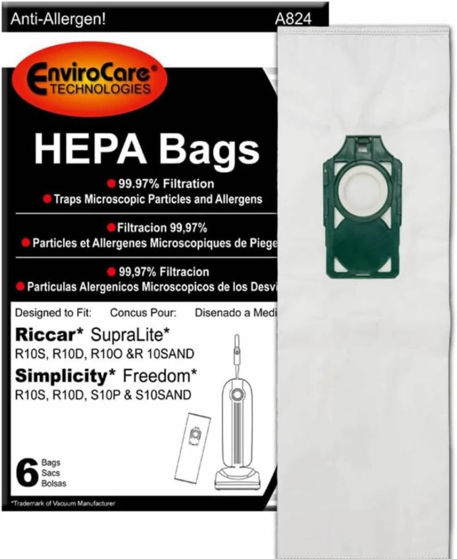 EnviroCare HEPA Vacuum Bags 6-Pack Compatible with Riccar Supralite & Simplicity Freedom Upright Vacuums - Green Bag Holder Replacement