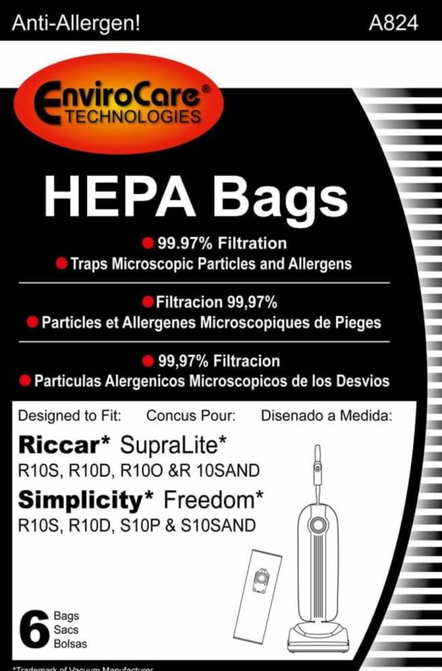 EnviroCare HEPA Vacuum Bags 6-Pack Compatible with Riccar Supralite & Simplicity Freedom Upright Vacuums - Green Bag Holder Replacement