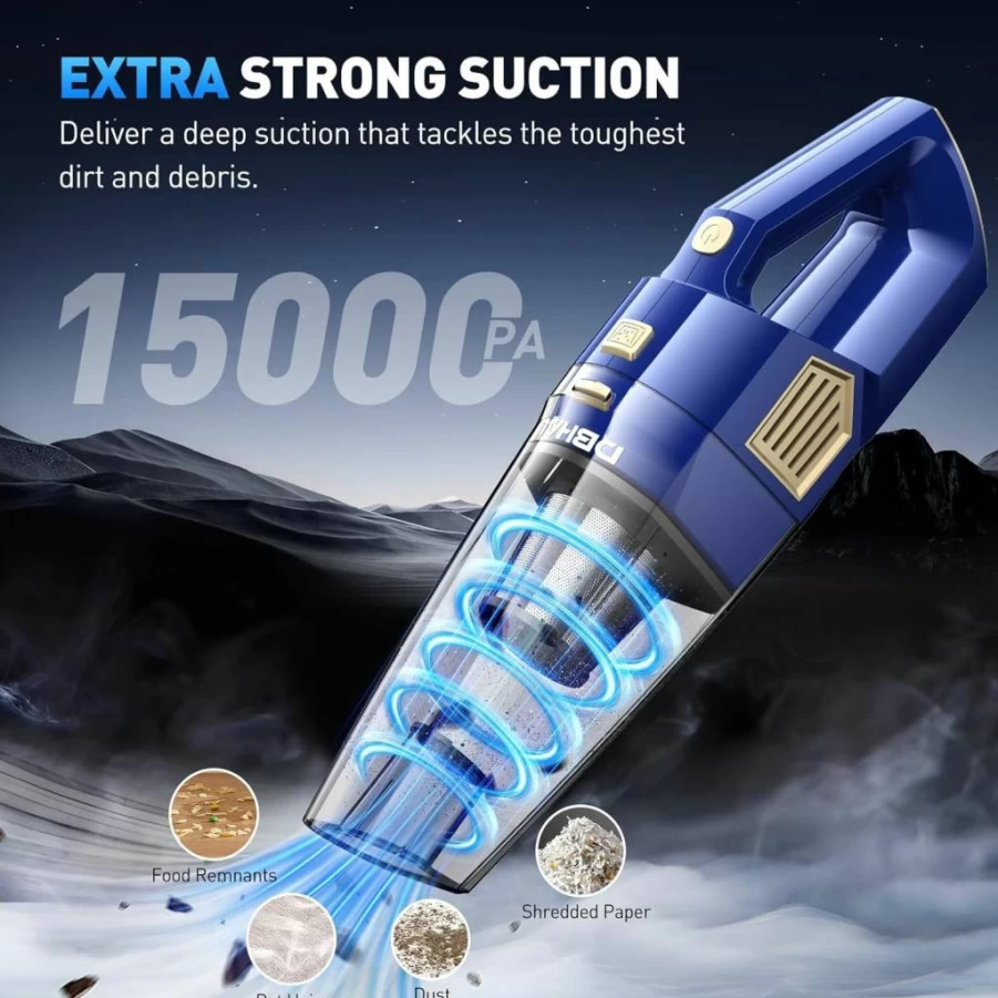 DBHAL Cordless Handheld Vacuum Cleaner - 15000Pa Powerful Suction, Lightweight & Portable with Multi Accessories, Rechargeable for Car and Home Cleaning