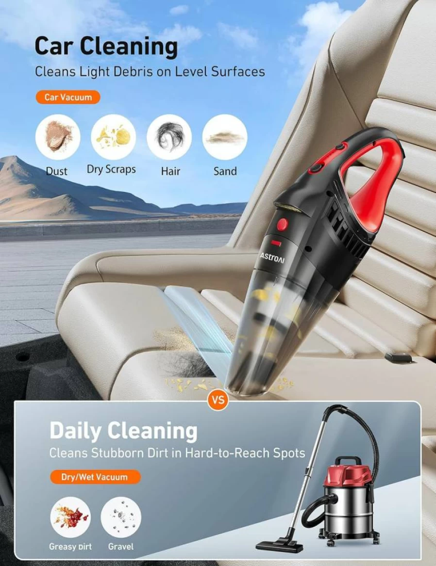 AstroAI Portable Car Vacuum Cleaner 12V with 16.4ft Cord, LED Light & 3 Attachments – Handheld Vacuum for Auto Interior Detailing and Quick Cleaning (Red)